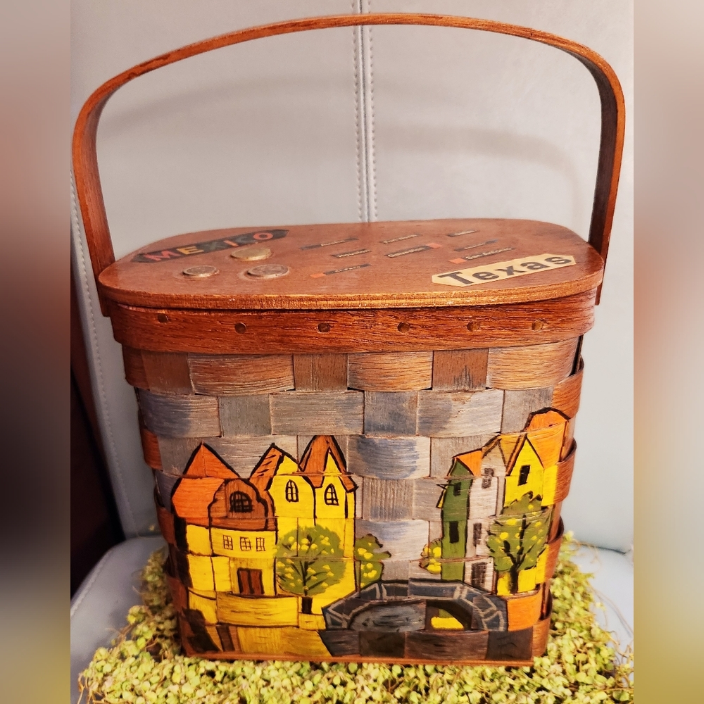 60s BASKETVILLE Wood Picnic Basket Purse Handle PENNY Handpainted Kitschy Bag